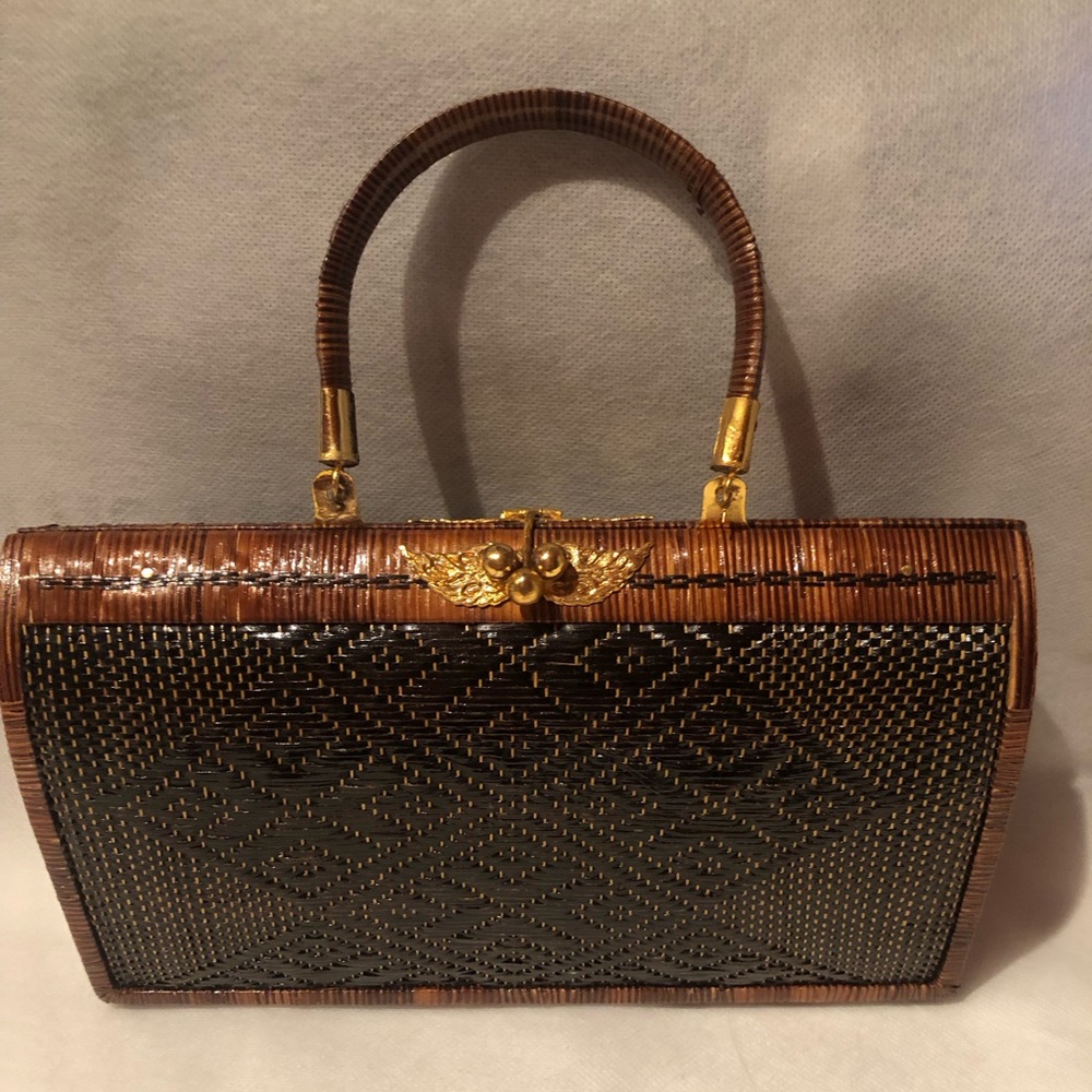 Stunning Vintage Hand Crafted in Hawaii wood and bamboo lacquered handbag